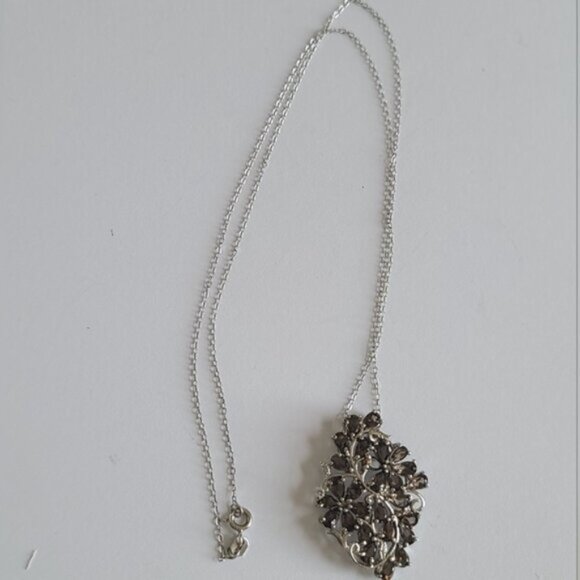 Vintage Sterling Silver Floral Filigree Smoky Quartz Crystal Pendant Necklace - Picture 14 of 16